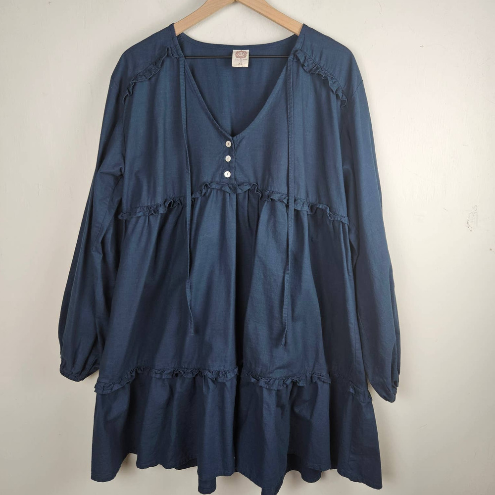 Bali Elf‎ Made By Hand Tiered Babydoll Dress XL Navy Blue Long Sleeve V-Neck